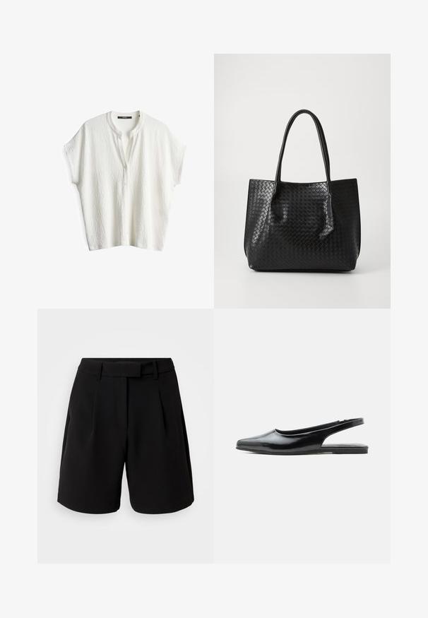 Witte korte mouwen shirt met een gestructureerd patroon, een ronde kraag en een knoopsluiting aan de voorkant. Zacht materiaal met een relaxte pasvorm.; Zwarte op maat gemaakte shorts, gemaakt van een gladde stof, met een hoge taille, plooien, ceintuurlussen en zijzakken, met een strakke afwerking.; Zwarte slingback platte schoen van lakleer met puntige neus en lage hak op een witte achtergrond.; Zwarte geweven lederen totebag met twee handvaten, gestructureerde vorm en subtiele glanzende afwerking, tegen een eenvoudige lichte achtergrond.