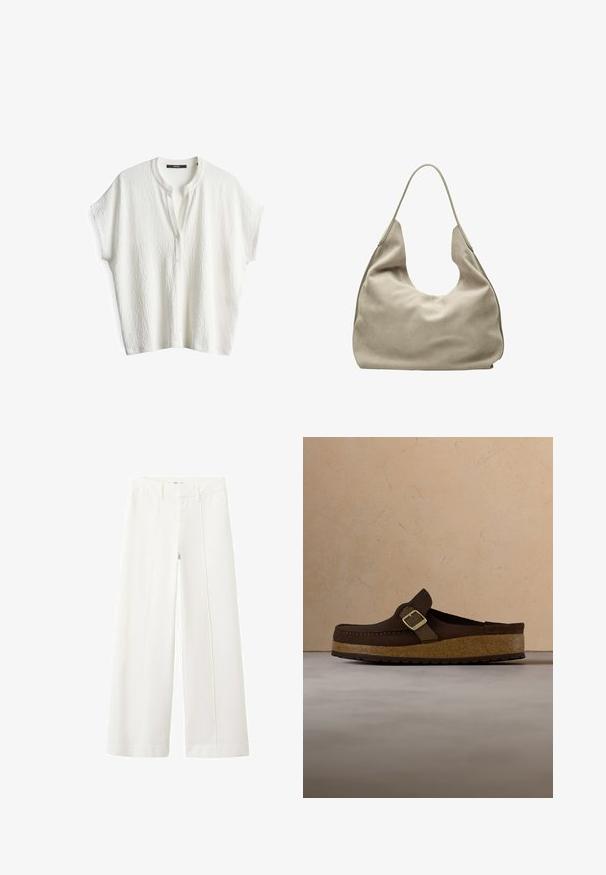 Witte korte mouwen shirt met een gestructureerd patroon, een ronde kraag en een knoopsluiting aan de voorkant. Zacht materiaal met een relaxte pasvorm.; Witte wijde broek met voren aan de voorkant, riemlussen en zijzakken, weergegeven tegen een witte achtergrond.; Bruine suède instapper met kurken zool en gouden gesp, zwevend boven een beige gestructureerd tapijt, nabij een houten salontafel met boeken.; Grote, zachte beige suède hobo tas met een brede schouderband en een nonchalante, ongestructureerde vorm, tegen een witte achtergrond.