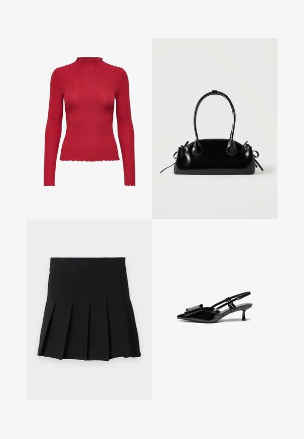Top de punto acanalado rojo de manga larga con cuello simulado y borde ondulado en las mangas, el cuello y el dobladillo.; Falda negra con pliegues, con una cinturilla ajustada, hecha de una tela suave. Presenta múltiples pliegues verticales para una silueta estructurada.; Zapatos de tacón slingback de charol negro con punta afilada, detalle de lazo en el frente y un pequeño tacón de aguja. Las correas tienen hebillas ajustables.; Pequeño bolso negro brillante con dos asas largas y detalles de cordón lateral sobre un fondo claro liso.
