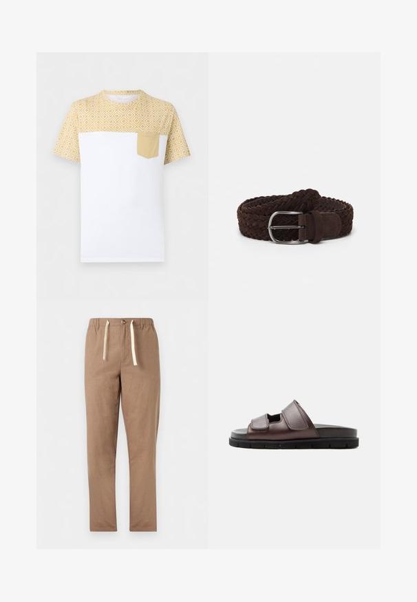 T-shirt blanc à manches courtes avec un motif géométrique jaune sur le haut et les manches, avec une poche poitrine jaune unie sur le côté gauche.; Pantalon marron clair à coupe droite avec taille élastique, fermeture par bouton et cordons blancs.; Sandale en cuir marron avec deux brides Velcro ajustables et une semelle noire coussinée sur fond blanc.; Ceinture en cuir tressé marron avec une boucle en métal argenté, texture lisse, et une boucle pour sécuriser l'extrémité de la sangle.