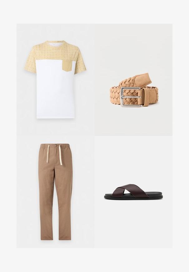 T-shirt blanc à manches courtes avec un motif géométrique jaune sur le haut et les manches, avec une poche poitrine jaune unie sur le côté gauche.; Pantalon marron clair à coupe droite avec taille élastique, fermeture par bouton et cordons blancs.; Sandale à glissière à lanières croisées de couleur marron, dotée d'une finition mate, d'une semelle noire plate et d'une texture lisse. Design minimaliste sans matériel visible.; Ceinture tressée en daim marron clair avec une boucle rectangulaire en métal argenté, roulée sur un fond uni clair.