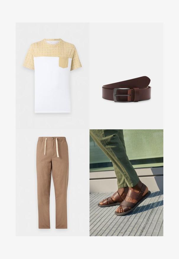 T-shirt blanc à manches courtes avec un motif géométrique jaune sur le haut et les manches, avec une poche poitrine jaune unie sur le côté gauche.; Pantalon marron clair à coupe droite avec taille élastique, fermeture par bouton et cordons blancs.; Sandales en cuir marron avec un design à lanières, ornées d'un détail de boucle, portées avec un pantalon vert sur une surface texturée.; Ceinture en cuir brun avec une texture lisse, dotée d'une pointe courbée et d'une boucle métallique rectangulaire au fini sombre.