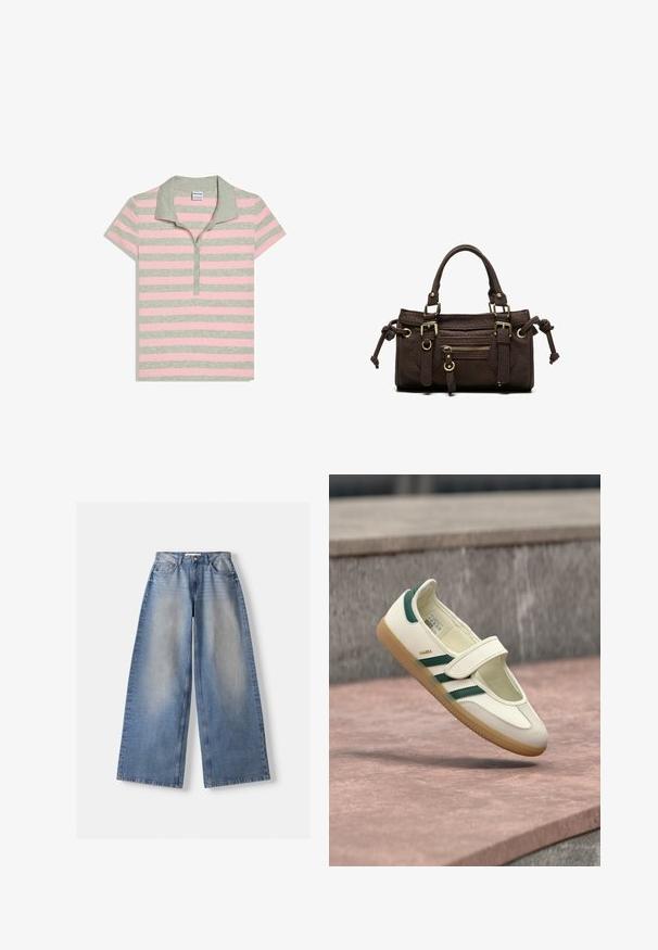 Polo rayé aux couleurs gris et rose pastel, avec un col et une patte de boutonnage à trois boutons. Confectionné dans un tissu doux avec des manches courtes.; Jean en denim bleu à jambes larges, taille haute et détails délavés, posé à plat sur un fond blanc.; Chaussure en cuir blanc avec des rayures vertes, bout rond, fixée par une bride. Semelle en gomme, design minimaliste, surpiqûres en relief le long des bords supérieurs.; Sac à main en cuir marron foncé avec double poignée, poche avant zippée, boucles décoratives et nœuds latéraux sur fond blanc.