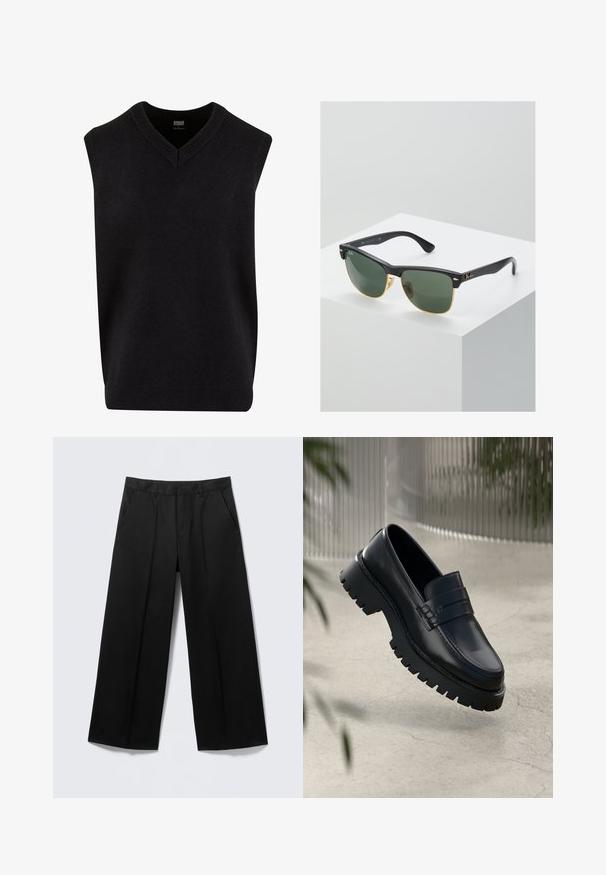 Jersey sin mangas negro con escote en V, hecho de un material suave, que cuenta con un escote y dobladillo de canalé. Diseño simple y clásico.; Pantalones negros de pierna ancha con trabillas para cinturón, bolsillos delanteros y cierre de cremallera, exhibidos sobre un fondo gris claro.; Mocasines de cuero negro con suela gruesa, que presentan una correa decorativa y detalles de costura. Textura suave con un acabado pulido.; Gafas de sol Ray-Ban con lentes verdes, montura de plástico negro y acentos dorados en los bordes. Forma cuadrada con acabado mate.