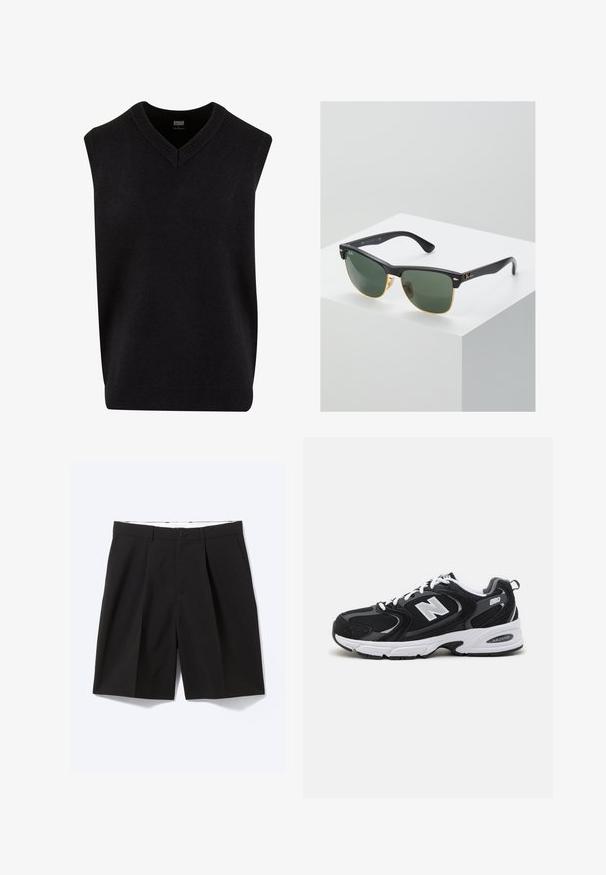 Jersey sin mangas negro con escote en V, hecho de un material suave, que cuenta con un escote y dobladillo de canalé. Diseño simple y clásico.; Pantalones cortos negros confeccionados a medida hasta la rodilla con trabillas para cinturón, bolsillos laterales, cierre con botones y pinzas delanteras, extendidos sobre un fondo blanco.; Zapatillas deportivas en negro y gris con parte superior de malla y ante, que cuentan con una entresuela blanca, cordones y un llamativo logo "N" en el lateral.; Gafas de sol Ray-Ban con lentes verdes, montura de plástico negro y acentos dorados en los bordes. Forma cuadrada con acabado mate.
