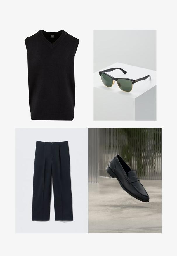 Jersey sin mangas negro con escote en V, hecho de un material suave, que cuenta con un escote y dobladillo de canalé. Diseño simple y clásico.; Pantalones azul marino oscuros hechos de tela suave, con un ajuste entallado, dos bolsillos delanteros y cierre de botón.; Zapato tipo mocasín de cuero negro con acabado liso, punta puntiaguda y detalles cosidos en la pala. Tacón bajo y diseño minimalista.; Gafas de sol Ray-Ban con lentes verdes, montura de plástico negro y acentos dorados en los bordes. Forma cuadrada con acabado mate.