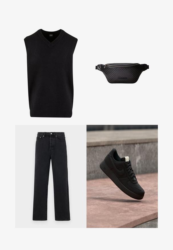 Pull noir sans manches avec un col en V, fabriqué dans un matériau doux, présentant un col et un ourlet inférieur côtelés. Design simple et classique.; Jean droit en denim noir avec taille haute, cinq poches et fermeture à bouton métallique. Le tissu a une texture lisse et un léger éclat.; Baskets Nike Air Force 1 noires flottant au-dessus d’un rebord en béton rose avec un fond en pierre grise, montrant des détails latéraux et supérieurs.; Sac banane en tissu noir avec un motif subtil en grille diagonale, compartiment principal zippé unique et sangles latérales réglables.