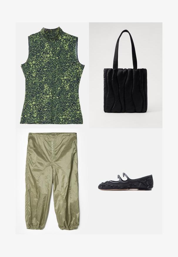Ærmeløs turtle neck top i grøn og mørkeblå mønster, med et struktureret, organisk design. Blødt stof med en afslappet pasform.; STAMM YOUNG PANT - Bukser - green; Sort flad sko med tre remme og flere små dekorative sløjfer langs siderne, tåen og hælen, vist i profil.; Sort totebag lavet af polstret stof, med en bølget tekstur, to robuste håndtag og en rektangulær form. Enkel, moderne design.