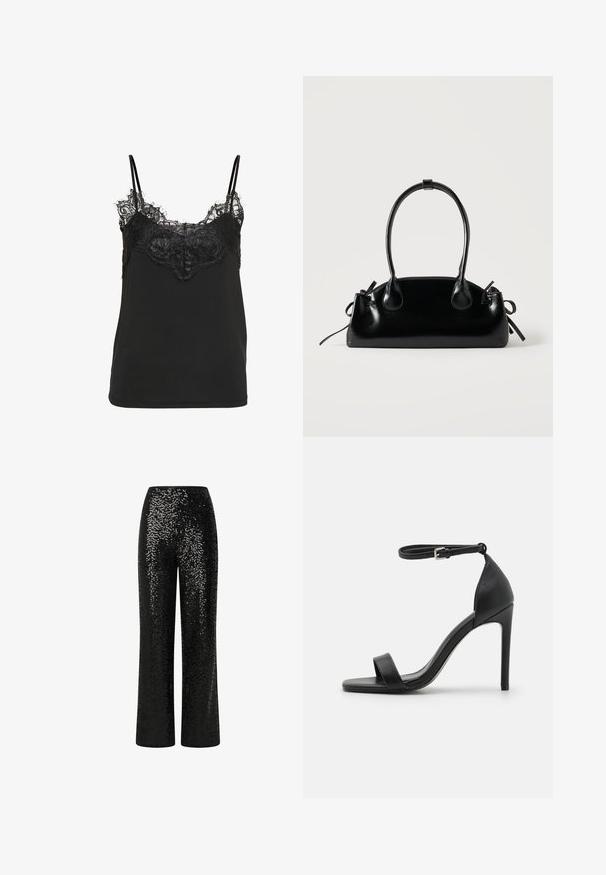 Camisole noire à fines bretelles avec des détails en dentelle décorative le long du décolleté et de la partie supérieure de la poitrine.; Pantalons en sequins noirs avec un design à jambe droite, présentant une taille lisse et une texture réfléchissante, créant un effet scintillant.; Sandale noire à talons hauts au design épuré, avec une bride au niveau de la cheville, un bout ouvert et une texture en cuir lisse.; Petit sac à main noir brillant avec deux longues anses et des détails à cordon sur les côtés sur un fond clair uni.