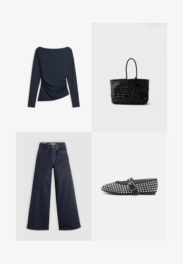 Marineblauw top met lange mouwen, bootnek en ruches aan de zijkant, plat gelegd op een witte achtergrond.; Wijde denim jeans in donkerblauw met contrasterende stiksels. Bevat een traditionele vijf-pocketontwerp en een knoopsluiting in de taille.; Zwarte platte schoen met een ronde neus, gestudeerd ontwerp met metalen accenten en een gespband over de wreef.; Zwarte gevlochten leren tas met twee afgeronde handvatten, rechtopstaand tegen een eenvoudige witte achtergrond.