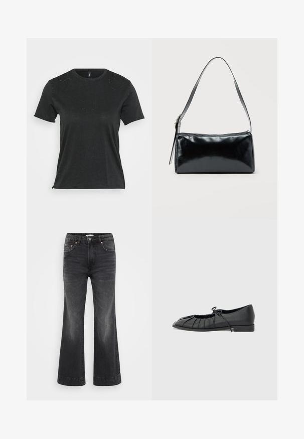 Sort kortærmet T-shirt med rund halsudskæring, der har diskrete hjerteformede rhinstenapplikationer på forsiden. Blødt, afslappet stof.; Sorte brede ben jeans med høj talje, lavet af denim. Har forlommer, kobbernitter og synlige sømme langs sømmenes kant.; Sort flad sko med plisseret forstykke og bundet sløjfe på toppen, lav hæl og glat tekstur på en lysegrå baggrund.; Sort rektangulær skuldertaske med en enkelt justerbar rem og lynlås i toppen på en ensfarvet baggrund.