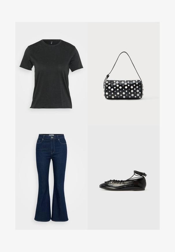 Camiseta negra de manga corta con cuello redondo, que presenta sutiles adornos de rhinestones en forma de corazón en la parte delantera. Tejido suave y casual.; Jeans acampanados de color azul oscuro hechos de denim, con una cintura alta, bolsillos frontales y un cierre de botón metálico. Textura suave con costuras uniformes.; Zapatos planos tipo ballet de charol negro con punta redondeada, diseño con cordones y suela plana. Textura lisa con detalles mínimos.; Bolso de mano de cuero negro con forma redondeada, decorado con tachuelas plateadas. Cuenta con una correa desmontable y cierre de cremallera. Textura lisa.