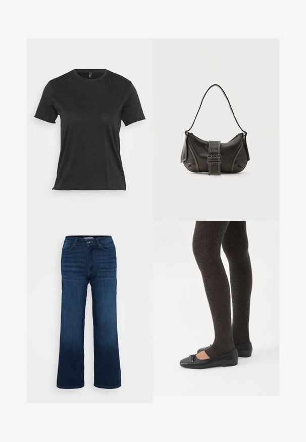 Camiseta negra de manga corta con cuello redondo, que presenta sutiles adornos de rhinestones en forma de corazón en la parte delantera. Tejido suave y casual.; ONLY Petite ONLMADISON BLUSH WIDE - Pernera ancha - dark blue denim; Piernas con leggings oscuros acanalados combinados con bailarinas negras que presentan pequeños detalles de lazo sobre un fondo blanco.; Bolso de hombro de cuero negro con detalle de correa con hebilla, bordes curvos y costuras blancas en contraste sobre un fondo liso.