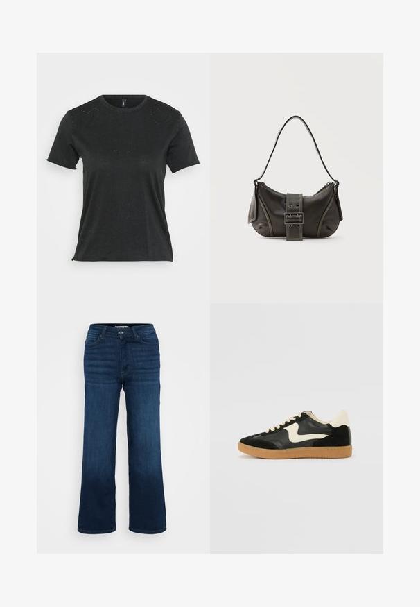 Sort kortærmet T-shirt med rund halsudskæring, der har diskrete hjerteformede rhinstenapplikationer på forsiden. Blødt, afslappet stof.; ONLY Petite ONLMADISON BLUSH WIDE - Wide leg - dark blue denim; Sorte ruskinds- og lædersneakers med en cremefarvet side-swoosh og lys cremefarvet hæl. Har beige snørebånd og en gummirubber-sål.; Sort læder skuldertaske med spænde på remmen, afrundede kanter og kontrasterende hvide syninger på en ensfarvet baggrund.