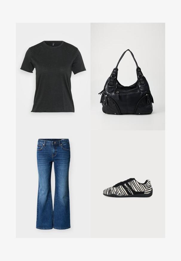 Camiseta negra de manga corta con cuello redondo, que presenta sutiles adornos de rhinestones en forma de corazón en la parte delantera. Tejido suave y casual.; Vaqueros acampanados azules de mezclilla, con cintura de tiro medio, diseño de cinco bolsillos y costuras contrastantes a lo largo de las costuras.; Zapatilla de deporte negra y blanca con cordones, patrón de rayas de cebra y suela negra texturizada sobre un fondo claro y liso.; Bolso de mano de cuero negro con asas dobles, bolsillos con cremallera en la parte frontal y detalles de remaches metálicos, situado contra un fondo liso claro.