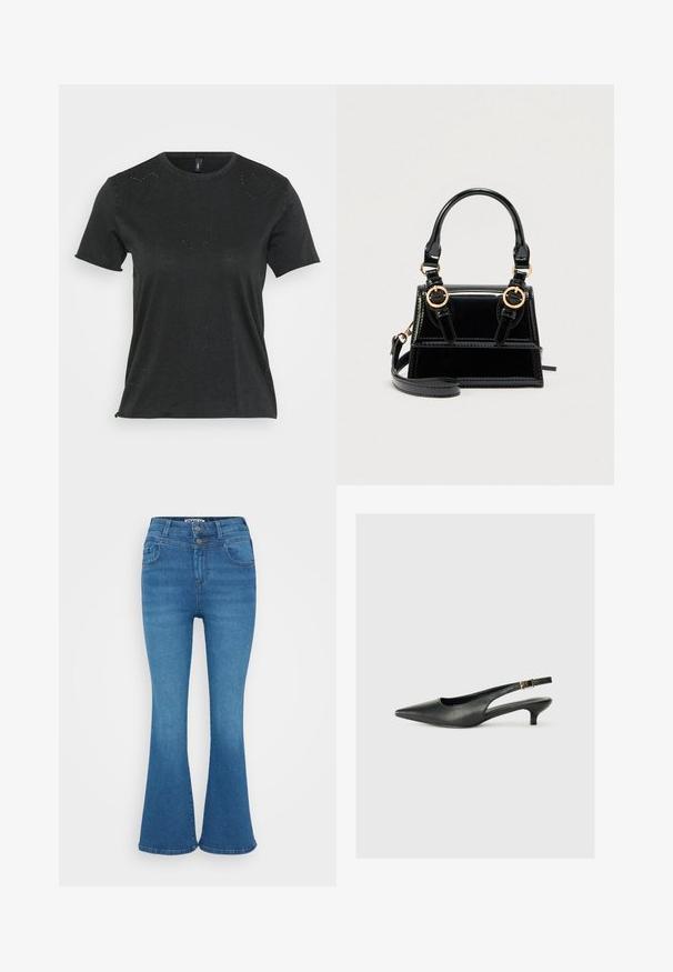 Camiseta negra de manga corta con cuello redondo, que presenta sutiles adornos de rhinestones en forma de corazón en la parte delantera. Tejido suave y casual.; Jeans de mezclilla azul de corte acampanado con una cintura alta, cierre de dos botones y un ligero desgaste. Diseño clásico de cinco bolsillos, textura suave.; Zapato de tacón slingback negro de punta afilada, hecho de cuero suave. Presenta un tacón delgado y un detalle de hebilla en la correa ajustable.; Bolso de mano de charol negro con herrajes dorados, doble asa superior y correa de hombro ajustable. Diseño estructurado con costuras decorativas.