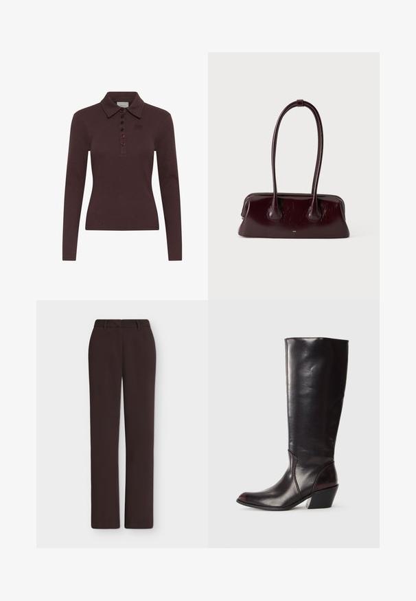 Polo à manches longues marron foncé avec texture côtelée, cinq boutons et petit logo brodé sur le côté gauche de la poitrine.; Pantalon droit marron foncé avec passants de ceinture, braguette devant et poches latérales, présenté sur un fond blanc uni.; Botte en cuir brun foncé, à hauteur de genou, avec un bout pointu, un talon bloc angulaire et une texture lisse et brillante. Présente un design épuré et des détails de couture.; Sac à main en cuir brun foncé brillant avec de longues anses fines et une base rectangulaire structurée sur un fond clair uni.