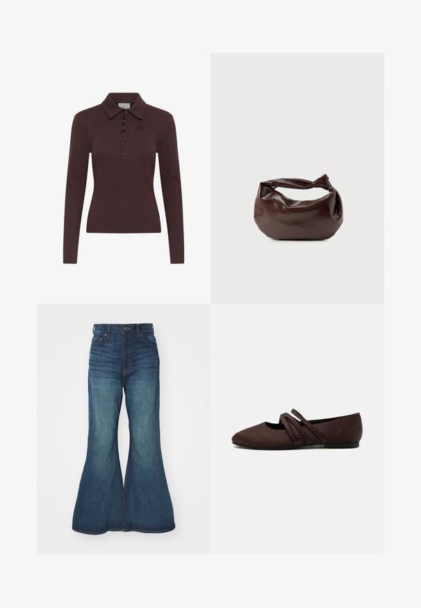Polo à manches longues marron foncé avec texture côtelée, cinq boutons et petit logo brodé sur le côté gauche de la poitrine.; Jean en denim évasé de bleu moyen, présentant une taille haute, un design à cinq poches et des coutures contrastées. Texture lisse avec un léger délavage.; Chaussure plate marron avec un bout pointu et deux fines brides croisées sur le cou-de-pied, détails de couture visibles et petit talon.; Sac bandoulière en cuir marron foncé avec une forme souple et décontractée et une anse nouée torsadée sur un fond blanc uni.