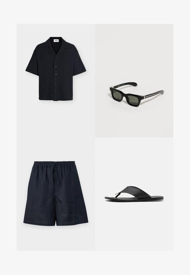 Chemise noire à manches courtes boutonnée avec col cranté, tissu texturé et coupe décontractée.; Shorts bleu marine décontractés avec taille élastique et cordon, tissu léger, longueur genou et coupe droite.; Stuart Weitzman BASTIAN - Sandales tongs - black; Lunettes de soleil rectangulaires noires avec des montures épaisses et des verres foncés reposant sur une surface claire.