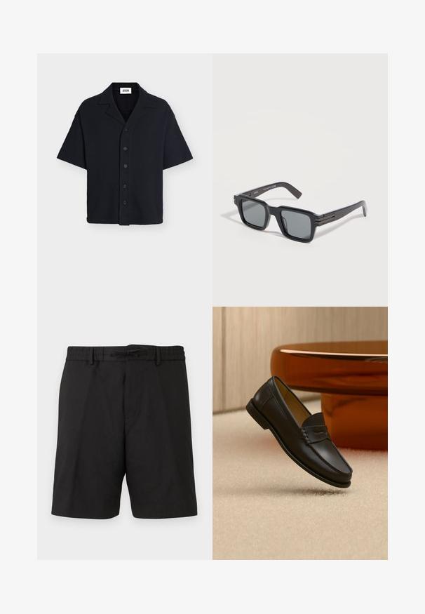 Chemise noire à manches courtes boutonnée avec col cranté, tissu texturé et coupe décontractée.; Shorts noirs mi-longues avec une ceinture ajustable et passants, présentant une coupe droite et épurée.; Chaussure mocassin en cuir noir suspendue au-dessus d’un tapis beige avec du mobilier moderne couleur ambre en arrière-plan.; Lunettes de soleil rectangulaires noires avec des verres teintés foncés et des branches épaisses, reposant sur une surface grise claire.