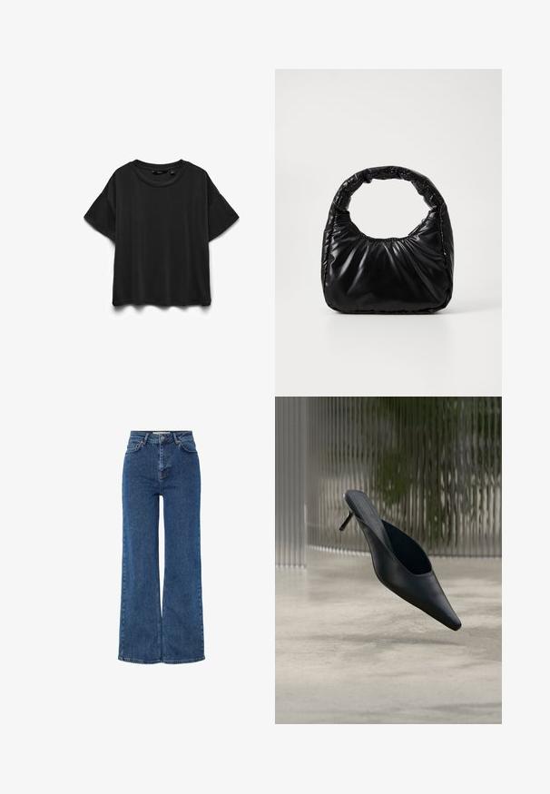 Zwart katoenen T-shirt met korte mouwen en ronde hals, plat neergelegd op een witte achtergrond.; Hoge taille blauwe denim jeans met brede pijpen, voorzien van een traditionele vijf-pocket ontwerp, metalen knoopsluiting en contrasterende stiksels.; Zwarte mule met puntige neus en dunne hoge hak, die boven een gladde betonnen vloer zweeft, met een wazige verticale gestreepte achtergrond.; Zwarte gevoerde handtas met een ronde handgreep, met een gladde, glanzende oppervlakte en een zachte, gewatteerde textuur. Geen zichtbare metalen onderdelen of accenten.