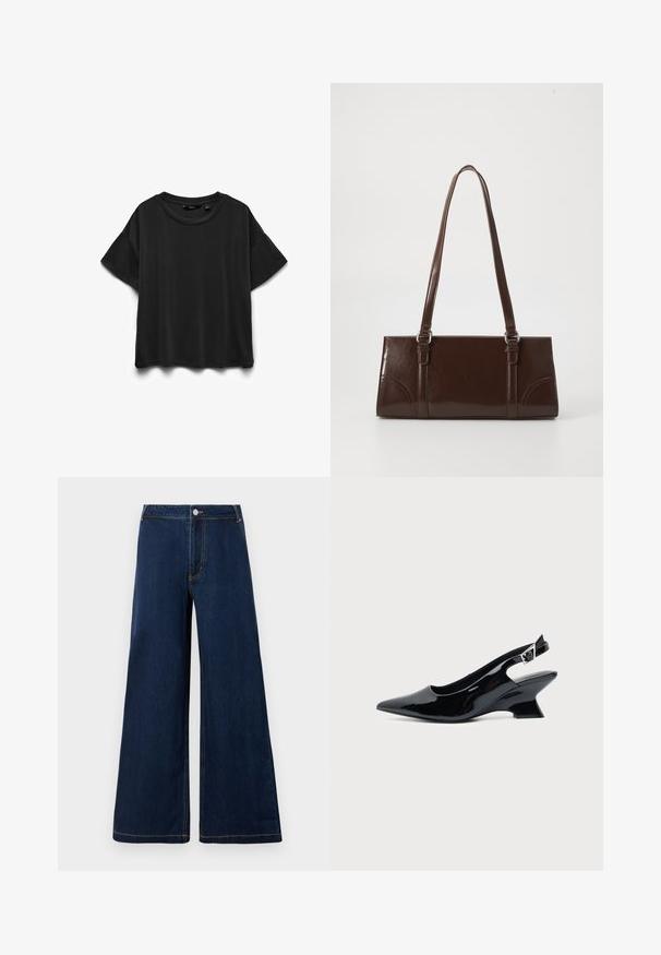 Sort kortærmet bomuld T-shirt med rund halsudskæring, vist fladt på hvid baggrund.; Bredde denim jeans i mørkeblå med guld sting, der har en frontknap og lynlåslukning samt et klassisk fem-lomme design.; Sort laklæder slingback sko med spids tå og lav vinklet blokhæl på ensartet lys baggrund.; Brun lakeret håndtaske med rektangulær form, to lange håndtag og subtile buede detaljer på fronten.