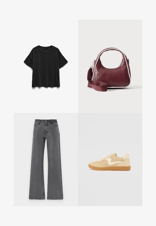 Sort kortærmet bomuld T-shirt med rund halsudskæring, vist fladt på hvid baggrund.; Bredde benjeans i sort denim med et hvidt prikkemønster; har et klassisk fem-lomme-design og knappelukning.; Beige sneakers med ruskind og mesh-materialer, rund form, fremtrædende polstret krave og en gummikondisko. Har et bølge-design som accent.; Mørkerød vævet lædertaske med buet hank, hvid kant, sølv lynlås og aftagelig bred stofskulderrem mod en ensfarvet baggrund.