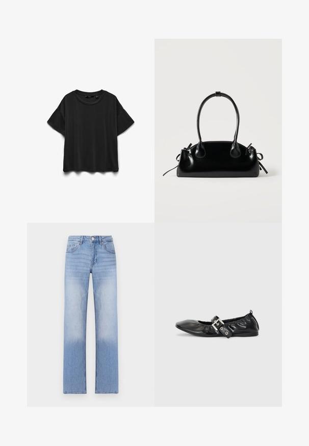 Zwart katoenen T-shirt met korte mouwen en ronde hals, plat neergelegd op een witte achtergrond.; Lichtblauwe denim jeans met een rechte pijpdesign, kenmerkend door een vervaagde was aan de onderste helft en klassieke vijf-pocketstyling.; Zwarte leren platte schoen met een spitse neus, geplooide details rond de opening en een zilveren gespaccentueerde verstelbare band.; Kleine zwarte glanzende handtas met twee lange hengsels en zijkant trekkoord details op een effen lichte achtergrond.