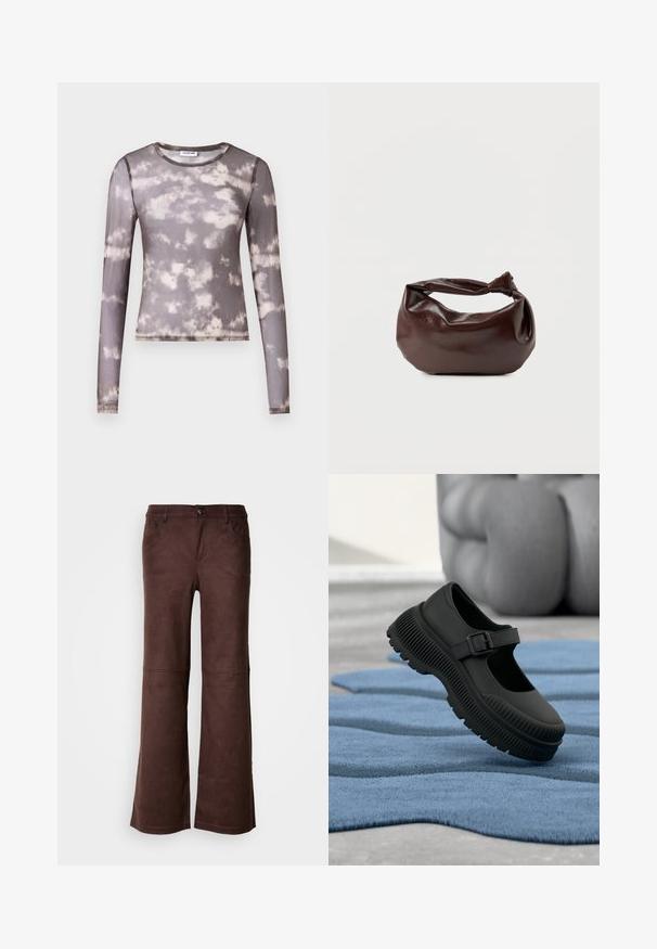 Top ajusté à manches longues en tissu gris transparent avec un motif tie-dye de crème et gris plus foncé, présentant un col rond et des détails de coutures discrètes.; Pantalons évasés marron en tissu doux semblable à du daim. Comprend quatre poches, une fermeture à bouton et une surface lisse et texturée.; Chaussure noire style Mary Jane avec semelle épaisse nervurée et bride à boucle, reposant sur un tapis bleu texturé avec arrière-plan flou.; Sac bandoulière en cuir marron foncé avec une forme souple et décontractée et une anse nouée torsadée sur un fond blanc uni.