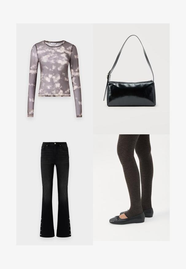Top ajusté à manches longues en tissu gris transparent avec un motif tie-dye de crème et gris plus foncé, présentant un col rond et des détails de coutures discrètes.; ONLY ONLWAUW MID WAIST FLARED - Jean flare - washed black; Jambes portant des leggings côtelés foncés associés à des ballerines noires avec de petits détails en nœud sur fond blanc.; Sac d'épaule rectangulaire noir avec une sangle réglable unique et une fermeture éclair supérieure sur un fond uni.