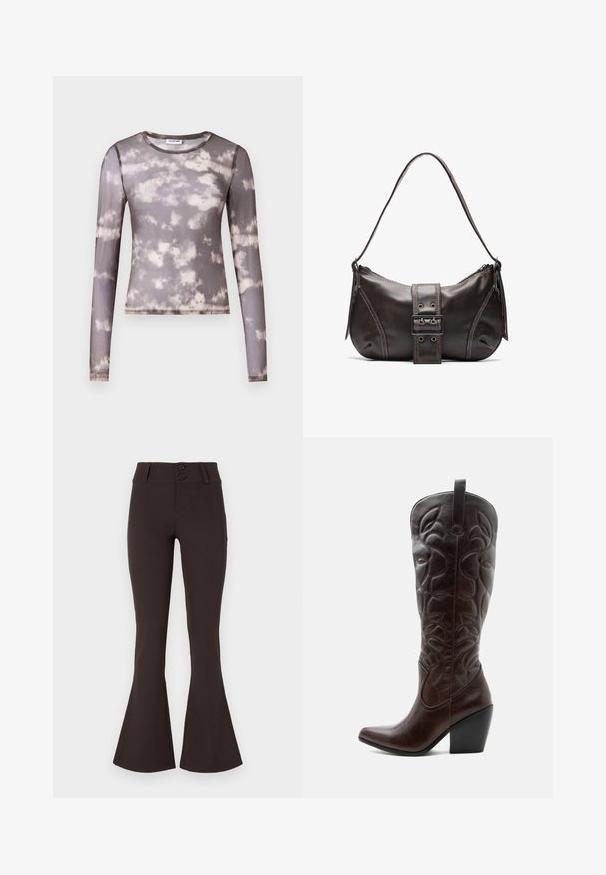 Top ajustado de manga larga en tela gris translúcida con un patrón de tie-dye en crema y gris más oscuro, presentando un escote redondo y sutiles detalles de costura.; Pantalones acampanados marrones hechos de tela elástica. Presentan una cintura alta con dos botones y una textura suave. Sin patrones ni adornos.; Bota vaquera alta de cuero marrón oscuro con patrones decorativos cosidos, punta puntiaguda y tacón de bloque apilado.; Bolso de hombro de cuero marrón con forma curva, que presenta un prominente detalle de hebilla, costuras en contraste y una sola correa para el hombro.