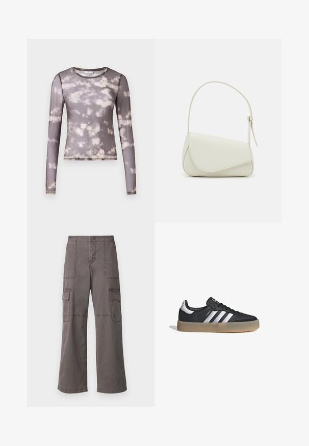 Top ajustado de manga larga en tela gris translúcida con un patrón de tie-dye en crema y gris más oscuro, presentando un escote redondo y sutiles detalles de costura.; Pantalones de carga grises de algodón con un diseño de pierna ancha, que cuentan con dos bolsillos delanteros, dos bolsillos laterales y detalles de costura visibles.; Zapatilla deportiva de cuero negro con tres rayas plateadas, punta texturizada y suela de goma. Cuenta con un collar acolchado y un diseño con cordones.; Bolso de mano de imitación cuero blanco con una forma triangular estructurada, correa ajustable única y cierre con solapa acentuada en curva.