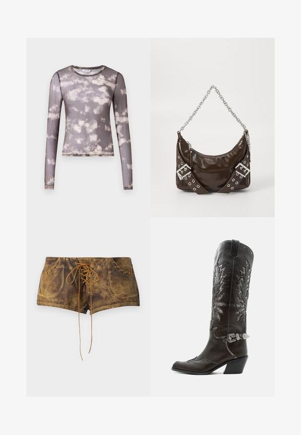 Langärmliges, eng anliegendes Oberteil aus transparentem grauem Stoff mit einem Batikmuster aus Creme- und dunklerem Grau. Es hat einen runden Ausschnitt und dezente Nähdetails.; Braune Schnürshorts mit strukturiertem Oberflächendesign und kontrastierenden sandfarbenen Schnürsenkeln. Verfügt über Ösen und ein tailliertes Design für eine enganliegende Passform.; Schwarzer Leder-Cowboystiefel mit dekorativen Ausschnitten, silberner Schnalle und schräger Ferse, auf weißem Hintergrund dargestellt.; Dunkelbraune Lackleder-Handtasche mit silberner Kettenriemen, dekorativen doppelten Schnallen und Reißverschluss.
