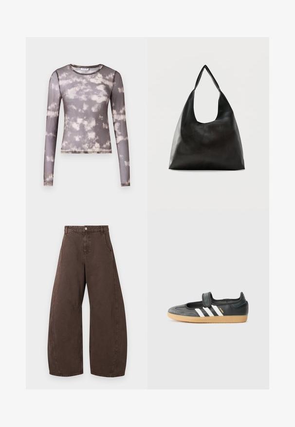 Top ajustado de manga larga en tela gris translúcida con un patrón de tie-dye en crema y gris más oscuro, presentando un escote redondo y sutiles detalles de costura.; Pantalones marrones anchos de pierna con cintura alta, cierre frontal con botón y cremallera, y bolsillos laterales, exhibidos planos sobre fondo blanco.; Zapatilla de deporte de cuero negro y ante con una correa de Velcro, que presenta tres rayas blancas y una suela de goma, etiquetada "SAMBA" en el lateral.; Bolso de hombro de cuero negro liso con una correa ancha y única y un diseño desenfadado y minimalista sobre un fondo sencillo.