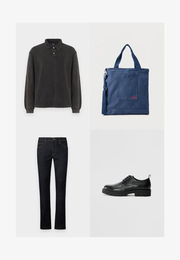 Camisa polo de manga larga en tejido gris oscuro, con un cuello clásico, tapeta de tres botones y puños acanalados. Textura suave con un diseño minimalista.; Vaqueros de mezclilla azul oscuro con corte recto, que cuentan con costuras naranjas, diseño de cinco bolsillos y cierre frontal de botón.; Zapato de cuero negro con punta redonda, que presenta un diseño de cordones, suela negra de goma resistente y una pequeña lengüeta en el talón.; Bolso tote de lona azul con bolsillo frontal y bordado rojo "O.N.S", con asas dobles y una correa ajustable para el hombro.