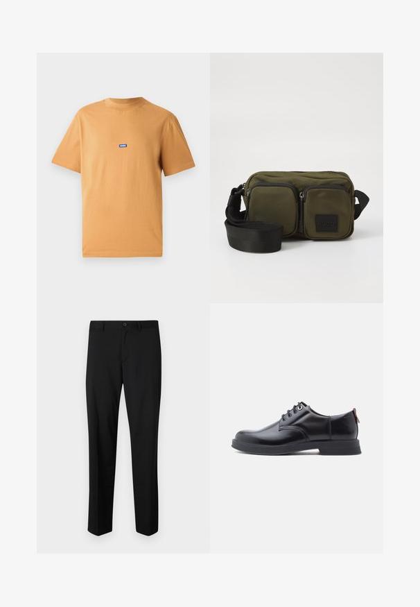Oranje katoenen T-shirt met een ronde hals en korte mouwen, voorzien van een klein blauw "HUGO" logo-opdruk op de borst. Glad textuur.; Zwarte op maat gemaakte broek met een platte voorkant, standaard taille en rechte pijpen. Gemaakt van een gladde stof, met een enkele knoopsluiting.; Zwarte leren veter schoenen met een gladde textuur, ronde neus en subtiel stiksel detail. Voorzien van een rode trekband op de hiel.; Oliegroene stoffen schoudertas met twee voorzakken met rits, verstelbare zwarte strap en zwart logo-opdruk. Rechthoekige vorm met een gestructureerd oppervlak.