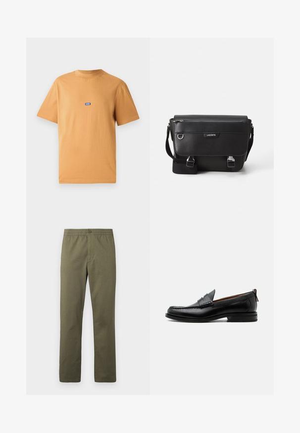 Camiseta de algodón naranja con cuello redondo y mangas cortas, que presenta un pequeño parche del logotipo azul "HUGO" en el pecho. Textura suave.; Lacoste Pantalones - olive; Mocasín de hombre de piel negra con costura moc toe, tira penny, cuello texturizado y tacón bajo apilado sobre fondo blanco.; Bolso mensajero Lacoste negro texturizado con correa ajustable, tapa frontal, bolsillo con cremallera y cierres de hebilla metálica.