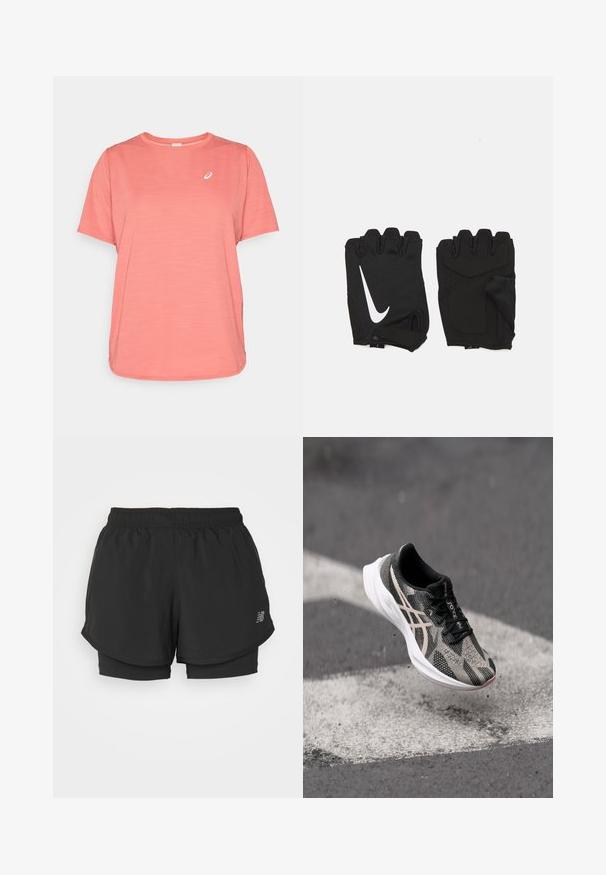 ASICS ROAD TOP - Športové tričko - dark pink clay; Čierne športové šortky s elastickým pásom, ktoré majú vrstvený dizajn a vnútornú podšívku. Materiál sa zdá byť ľahký a hladký.; Čierna a šedá bežecká obuv s textúrovaným zvrškom, s viazaním a bielou podrážkou. Ozdobená reflexnými detailmi.; Čierne bezprstové fitness rukavice vyrobené z priedušnej tkaniny, s bielym logom Nike, polstrovanými dlaniami a otvoreným dizajnom zápästia pre flexibilitu.
