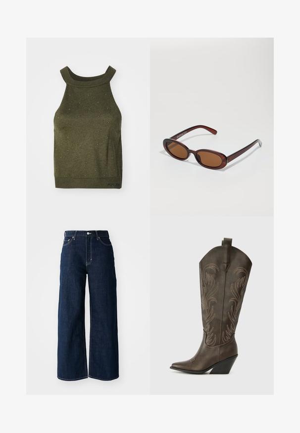 Top de punto verde oliva con cuello alto, que presenta pequeños tachuelas metálicas en un patrón de puntos y detalle de dobladillo con la marca.; Vaqueros de mezclilla oscuros de pierna ancha con costuras de contraste, diseño de cinco bolsillos y cierre de botón en la cintura.; Bota de vaquero de cuero marrón con puntera afilada, tacón en cuña y bordado decorativo. Presenta un caña alta y una lengüeta de agarre.; Gafas de sol redondas con tinte marrón y un marco burdeos brillante. Patillas delgadas con un sutil detalle de marca. Diseño de lentes planos.