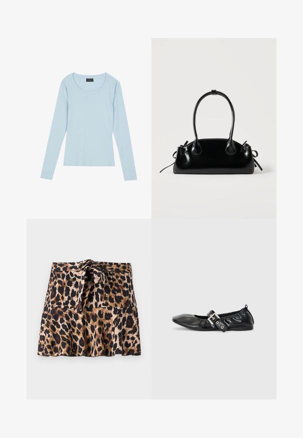 Lyseblå langærmet ribbet top med rund halsudskæring og tætsiddende design. Blød tekstur med et subtilt mønster, der løber lodret.; Mini nederdel i leopardprint, fremstillet af blødt stof, med et flagrende design, knyttet taljebånd og kontrasterende sorte og brune pletter på en beige baggrund.; Sorte læder flade sko med spids tå, samling detaljer omkring åbningen, og en sølv spænde accent på den justerbare rem.; Lille sort blank håndtaske med to lange håndtag og snøre-detaljer i siden på en ensfarvet lys baggrund.