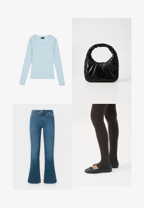 Lyseblå langærmet ribbet top med rund halsudskæring og tætsiddende design. Blød tekstur med et subtilt mønster, der løber lodret.; Blå denim flared jeans med en mellemhøj talje, fem-lomme design og diskrete syninger. Glat tekstur med en klassisk vask.; Ben iført mørke ribbede leggings kombineret med sorte balletsko med små sløjfedetaljer på hvid baggrund.; Sort polstret håndtaske med et rundt håndtag, der har en glat, skinnende overflade og en blød, kviltet tekstur. Ingen synlige hardware eller accenter.