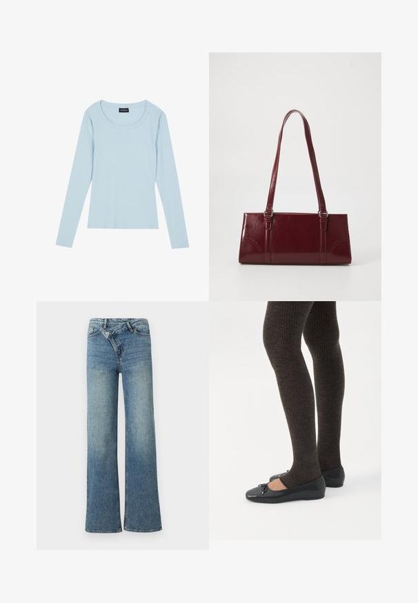 Lyseblå langærmet ribbet top med rund halsudskæring og tætsiddende design. Blød tekstur med et subtilt mønster, der løber lodret.; Lyseblå denim jeans med vide ben og høj talje, let falmet effekt og knaplukning foran. Har fem lommer og minimal syning.; Ben iført mørke ribbede leggings kombineret med sorte balletsko med små sløjfedetaljer på hvid baggrund.; Bordeaux håndtaske lavet af glansfuldt materiale, rektangulær form, med to skulderremme og subtile buede detaljer på forsiden.