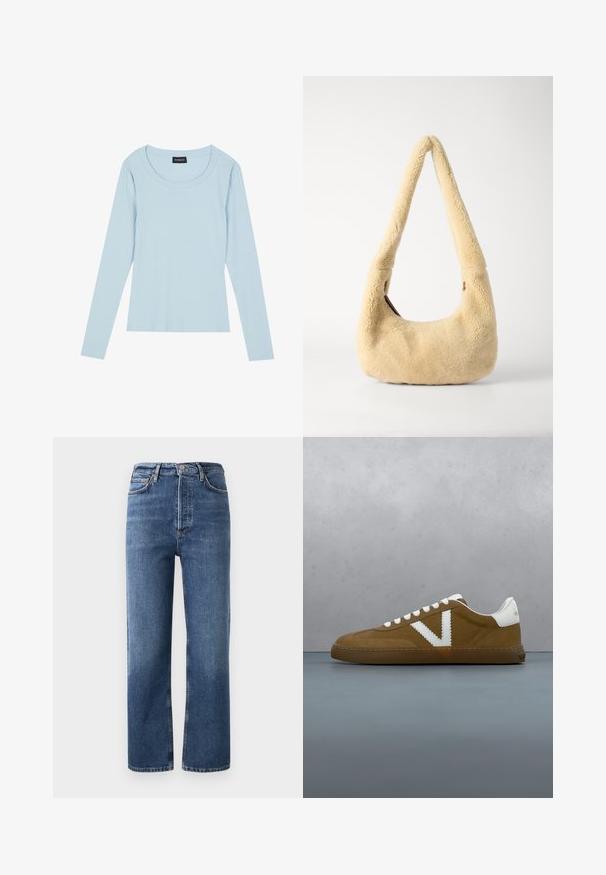 Lichtblauw, lang mouw ribbed top met een ronde halslijn en een aansluitend ontwerp. Zachte textuur met een subtiel patroon dat verticaal loopt.; Hoge taille blauwe spijkerbroek van denim, met een rechte pijp, vijf zakken en koperkleurige hardware. Glad textuur en klassiek ontwerp.; Bruine suède sneaker met witte accenten, vetersluiting, rubberen zool en gestructureerde details. Geplaatst op een houten oppervlak.; Beige schapenleren schoudertas met een gebogen handvat en een afgeronde vorm. De textuur is zacht en plush, met minimale hardwareaccenten.