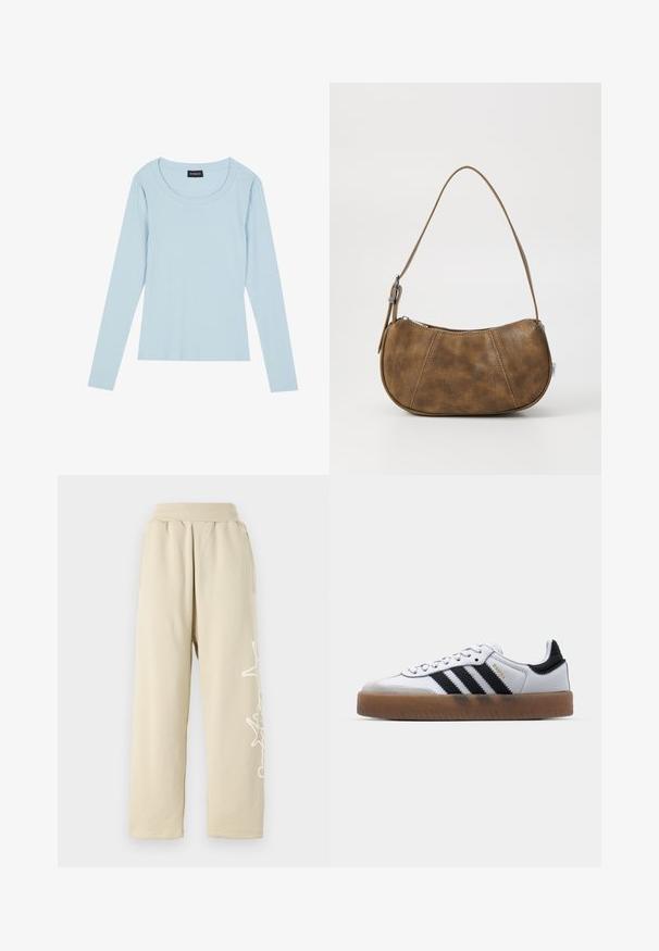 Lyseblå langærmet ribbet top med rund halsudskæring og tætsiddende design. Blød tekstur med et subtilt mønster, der løber lodret.; Beige, afslappede sweatpants med elastisk talje, sidelommer og et hvidt grafisk detalje langs venstre ben. Blødt bomulds materiale.; Hvide lædersneakers med sorte striber, gummirubber sål, rund tå, snørelukning og blød grå ruskinds tåhætte.; Brun faux læder skuldertaske med en buet form, en enkelt strop, kontrasterende syninger og en lynlåslukning langs den øverste kant.