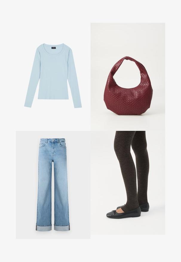 Lyseblå langærmet ribbet top med rund halsudskæring og tætsiddende design. Blød tekstur med et subtilt mønster, der løber lodret.; Lyseblå, vide jeans i klassisk denim med høj talje, prydet med opbrettede kanter og synlig søm.; Ben iført mørke ribbede leggings kombineret med sorte balletsko med små sløjfedetaljer på hvid baggrund.; Vævet bordeaux håndtaske med en rund silhuet, et enkelt håndtag og en tekstureret overflade. Lynlåslukning øverst.