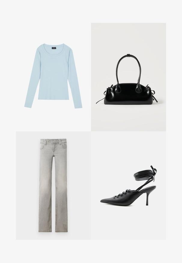 Lyseblå langærmet ribbet top med rund halsudskæring og tætsiddende design. Blød tekstur med et subtilt mønster, der løber lodret.; Lys grå jeans med lige ben-design, lavet af denim. Har to forlommer, en talje med to knapper og synlige syninger.; Sort spids sko med høje hæle, snørelukning foran og omlægning omkring anklerne bundet med sløjfe, vist fra siden på hvid baggrund.; Lille sort blank håndtaske med to lange håndtag og snøre-detaljer i siden på en ensfarvet lys baggrund.