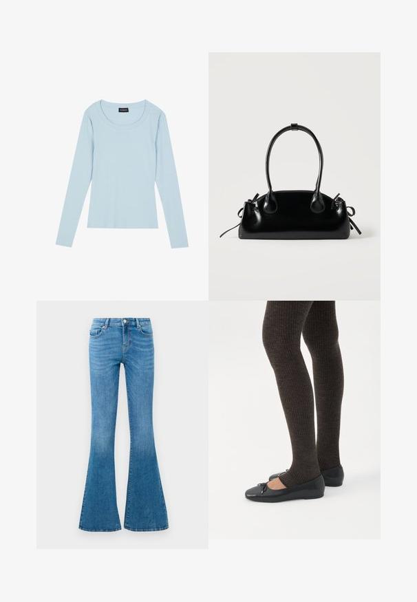 Lyseblå langærmet ribbet top med rund halsudskæring og tætsiddende design. Blød tekstur med et subtilt mønster, der løber lodret.; Blå denim flared jeans med mellemhøj talje, der har fem lommer, en standard knaplukning og let falmning for struktur.; Ben iført mørke ribbede leggings kombineret med sorte balletsko med små sløjfedetaljer på hvid baggrund.; Lille sort blank håndtaske med to lange håndtag og snøre-detaljer i siden på en ensfarvet lys baggrund.