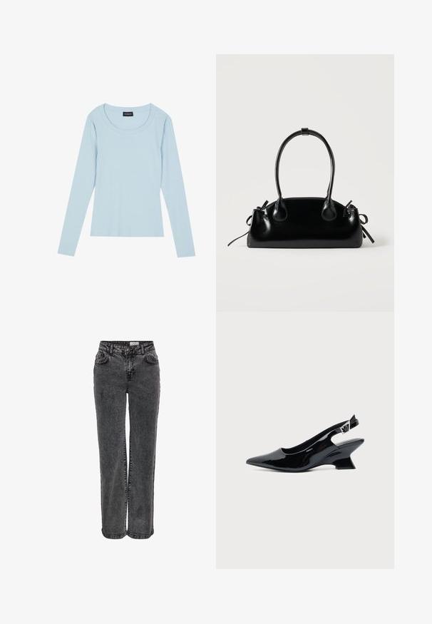 Haut à manches longues bleu clair, en ribbed, avec un col rond et une coupe ajustée. Texture douce avec un motif subtil courant verticalement.; Jeans en denim noir au design droit, avec poches avant, passants de ceinture et une texture légèrement délavée.; Chaussure slingback en cuir verni noir avec bout pointu et petit talon bloc incliné sur fond clair uni.; Petit sac à main noir brillant avec deux longues anses et des détails à cordon sur les côtés sur un fond clair uni.