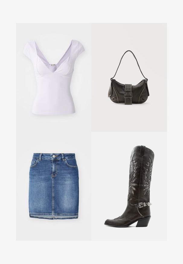 Lilla lühikeste varrukatega pluus, millel on sügav V-kaelus, slim fit disain, sile tekstuur ning diskreetne sildike kaeluses.; Tumesinine denim seelik, otse lõikega, viie taskuga, vööloopidega ja nupukinnitusega. Kitsaäärne lõpp, kontrastsete õmblustega.; Mustast nahast kameelisaap kaunistavate lõigetega, hõbedase pandla ja kaldu kannaosaga, valgel taustal.; Mustast nahast õlakott pandlanööriga detailiga, kõverate servade ja kontrastse valge õmblusega tavalise tausta peal.