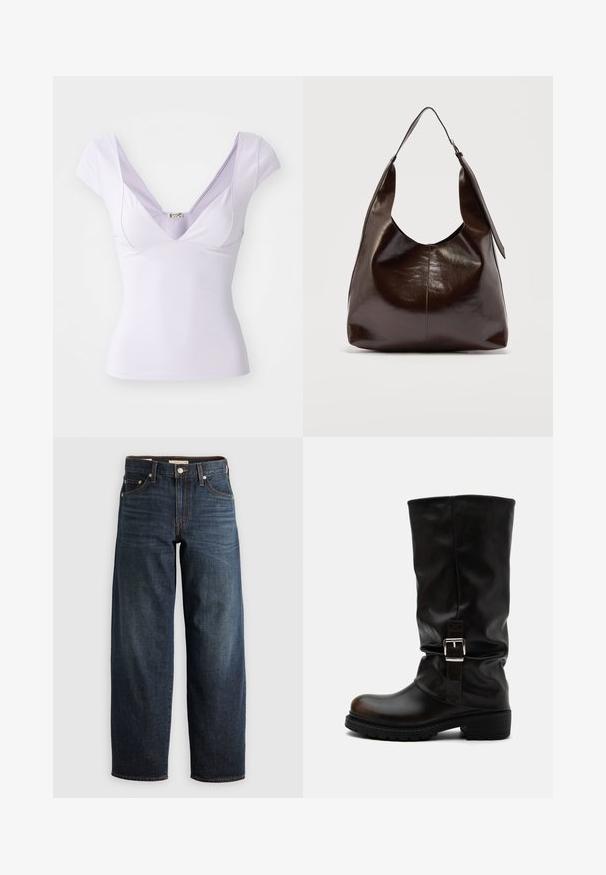 Top lilas à manches courtes avec un décolleté en V profond, un design ajusté, une texture lisse et une étiquette discrète près de l'encolure.; Jean bleu foncé en denim, avec une coupe droite, style cinq poches, accents de surpiqûres et fermeture à bouton.; Botte haute en cuir noir avec bout arrondi, talon bas, bride à boucle latérale et tige légèrement relâchée sur fond blanc.; Sac à bandoulière en cuir marron foncé brillant avec une seule large sangle et un détail de boucle sur un côté, posé sur un fond clair uni.